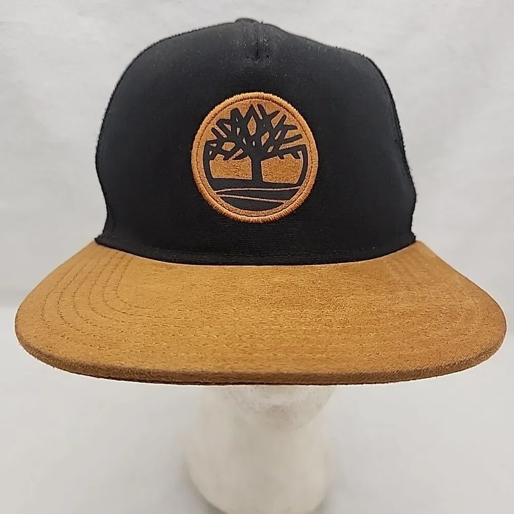 Cap Timberland Black Snap Back Brown Faux Suede Flatbrim Trucker Hat Patch New
